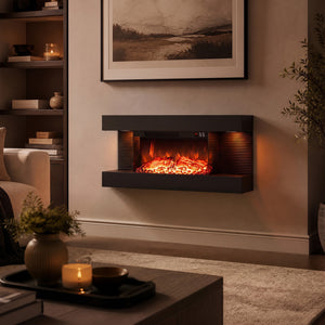 3-Sided Black Wall Mount Electric WiFi Fireplace with Floating Mantel and 12 Flame Ambient-32 inches