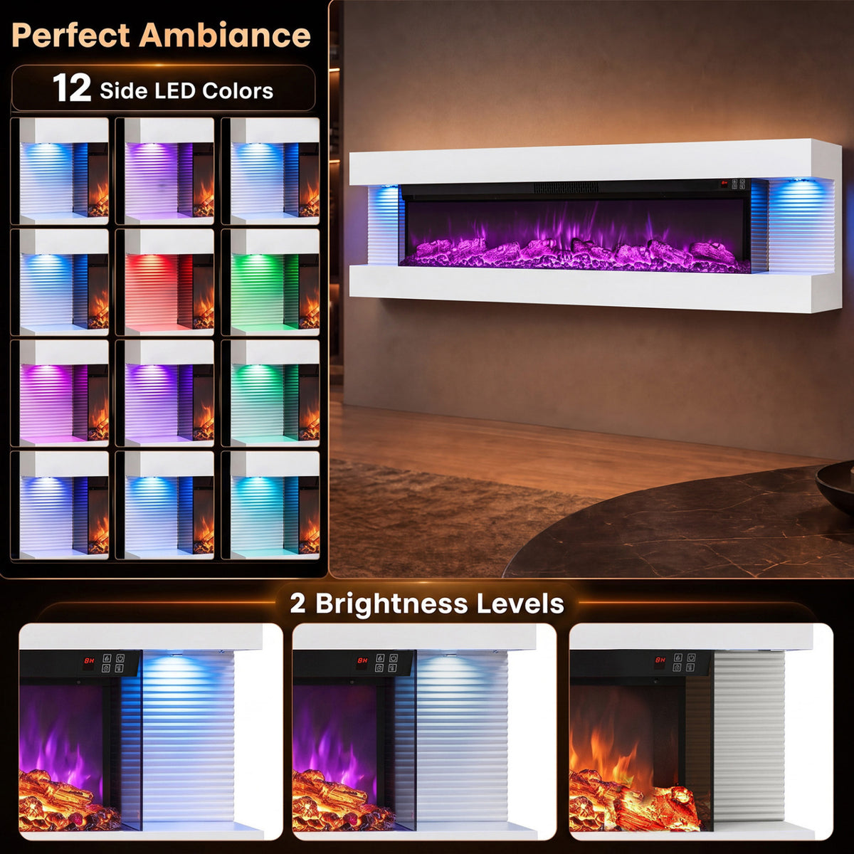 3-Sided White Wall Mount Electric WiFi Fireplace with Floating Mantel and 12 Flame Ambient-60 Inches
