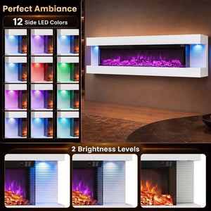 3-Sided White Wall Mount Electric WiFi Fireplace with Floating Mantel and 12 Flame Ambient-60 Inches