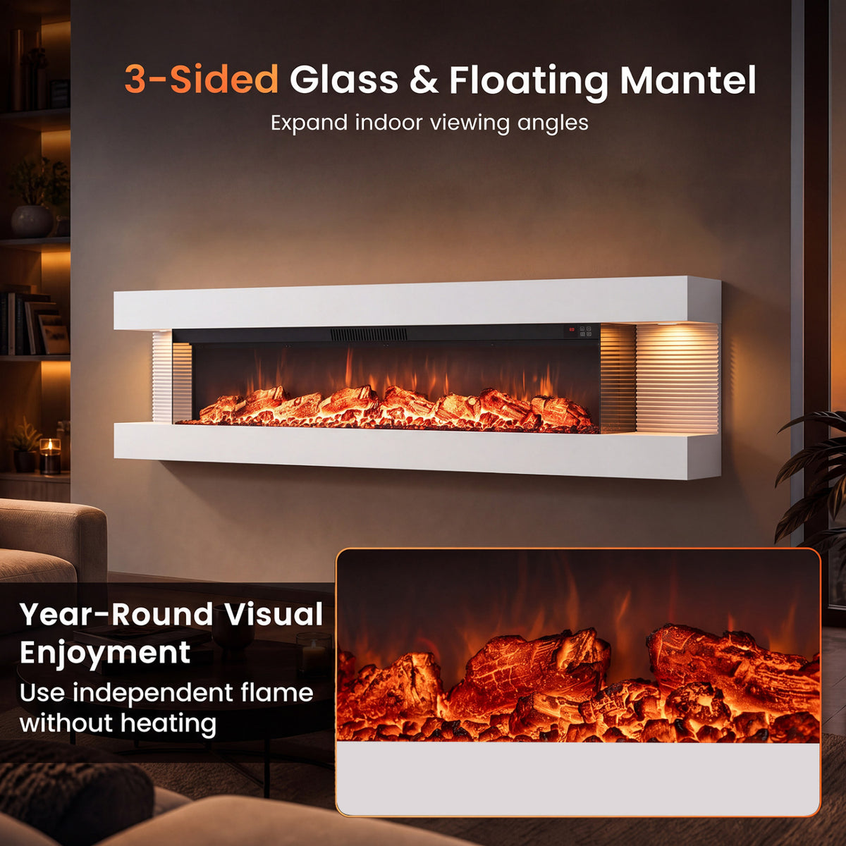 3-Sided White Wall Mount Electric WiFi Fireplace with Floating Mantel and 12 Flame Ambient-60 Inches