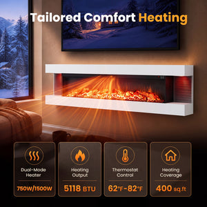 3-Sided White Wall Mount Electric WiFi Fireplace with Floating Mantel and 12 Flame Ambient-60 Inches