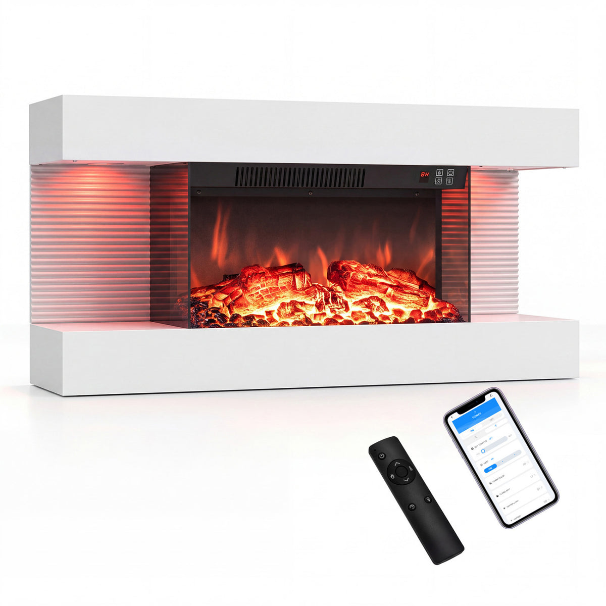 3-Sided  White Wall Mount Electric WiFi Fireplace with Floating Mantel and 12 Flame Ambient Colors-32 inch
