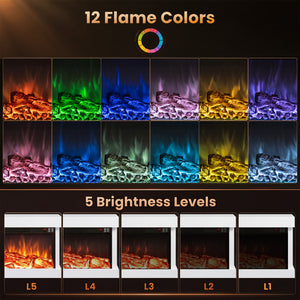 3-Sided  White Wall Mount Electric WiFi Fireplace with Floating Mantel and 12 Flame Ambient Colors-32 inch