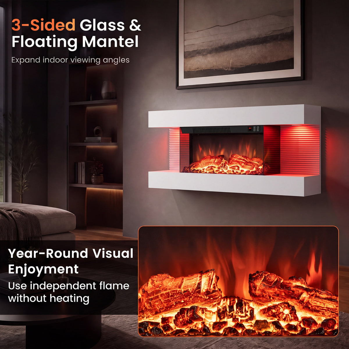 3-Sided  White Wall Mount Electric WiFi Fireplace with Floating Mantel and 12 Flame Ambient Colors-32 inch