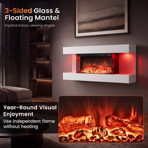 3-Sided  White Wall Mount Electric WiFi Fireplace with Floating Mantel and 12 Flame Ambient Colors-32 inch