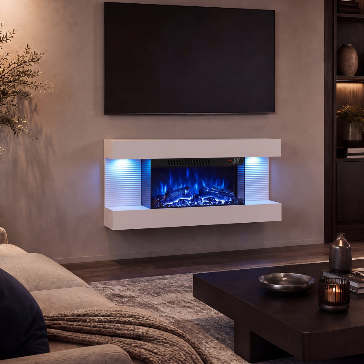 3-Sided  White Wall Mount Electric WiFi Fireplace with Floating Mantel and 12 Flame Ambient Colors-32 inch