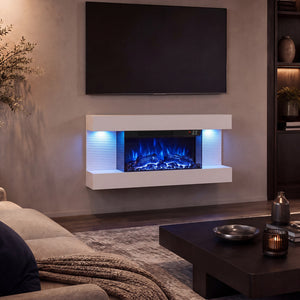 3-Sided  White Wall Mount Electric WiFi Fireplace with Floating Mantel and 12 Flame Ambient Colors-32 inch