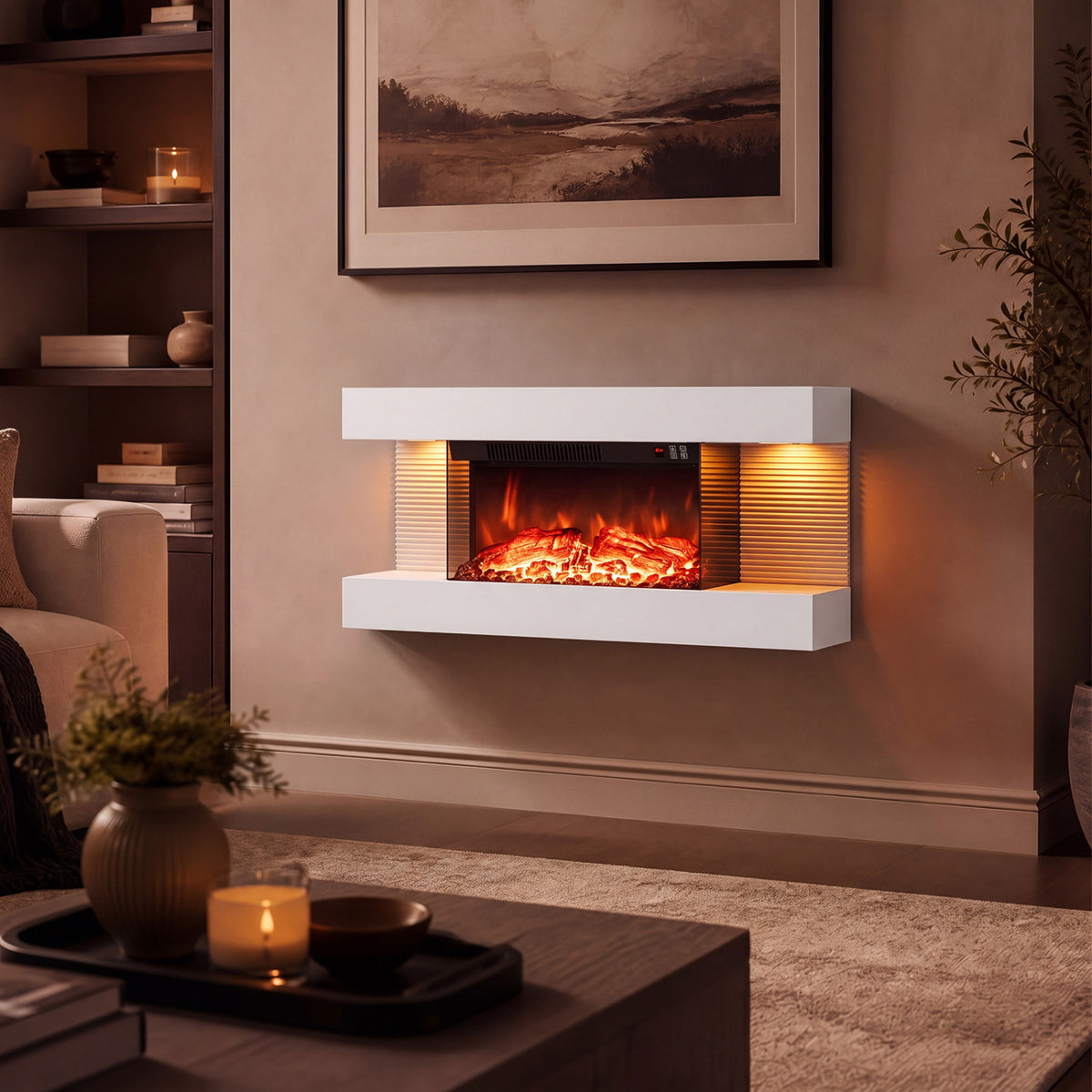 3-Sided  White Wall Mount Electric WiFi Fireplace with Floating Mantel and 12 Flame Ambient Colors-32 inch