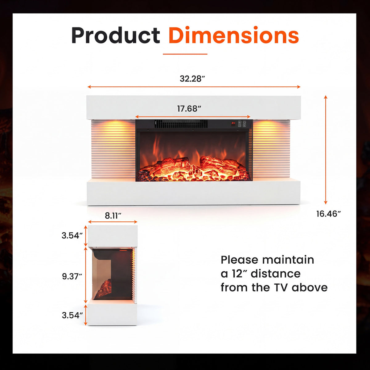3-Sided  White Wall Mount Electric WiFi Fireplace with Floating Mantel and 12 Flame Ambient Colors-32 inch