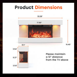 3-Sided  White Wall Mount Electric WiFi Fireplace with Floating Mantel and 12 Flame Ambient Colors-32 inch