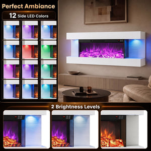 3-Sided  White Wall Mount Electric WiFi Fireplace with Floating Mantel and 12 Flame Ambient Colors-40"