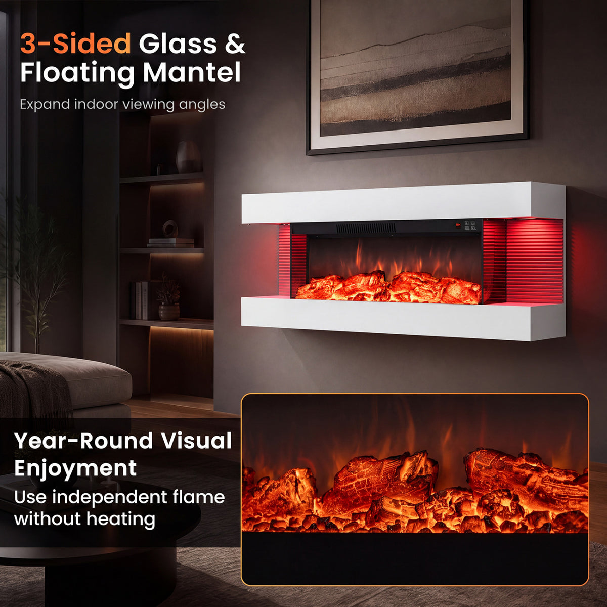 3-Sided  White Wall Mount Electric WiFi Fireplace with Floating Mantel and 12 Flame Ambient Colors-40"