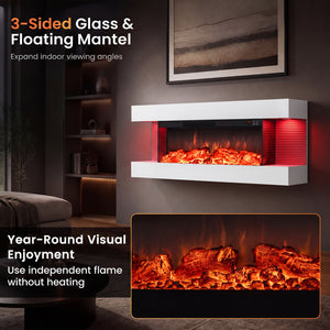 3-Sided  White Wall Mount Electric WiFi Fireplace with Floating Mantel and 12 Flame Ambient Colors-40"