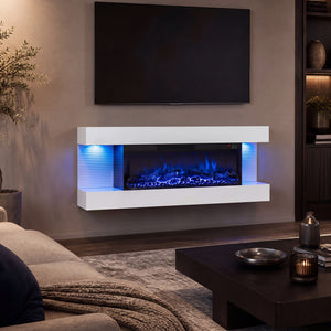 3-Sided  White Wall Mount Electric WiFi Fireplace with Floating Mantel and 12 Flame Ambient Colors-40"