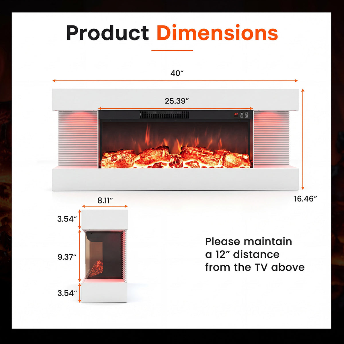 3-Sided  White Wall Mount Electric WiFi Fireplace with Floating Mantel and 12 Flame Ambient Colors-40"