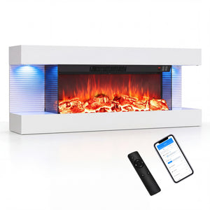 3-Sided  White Wall Mount Electric WiFi Fireplace with Floating Mantel and 12 Flame Ambient Colors-40"