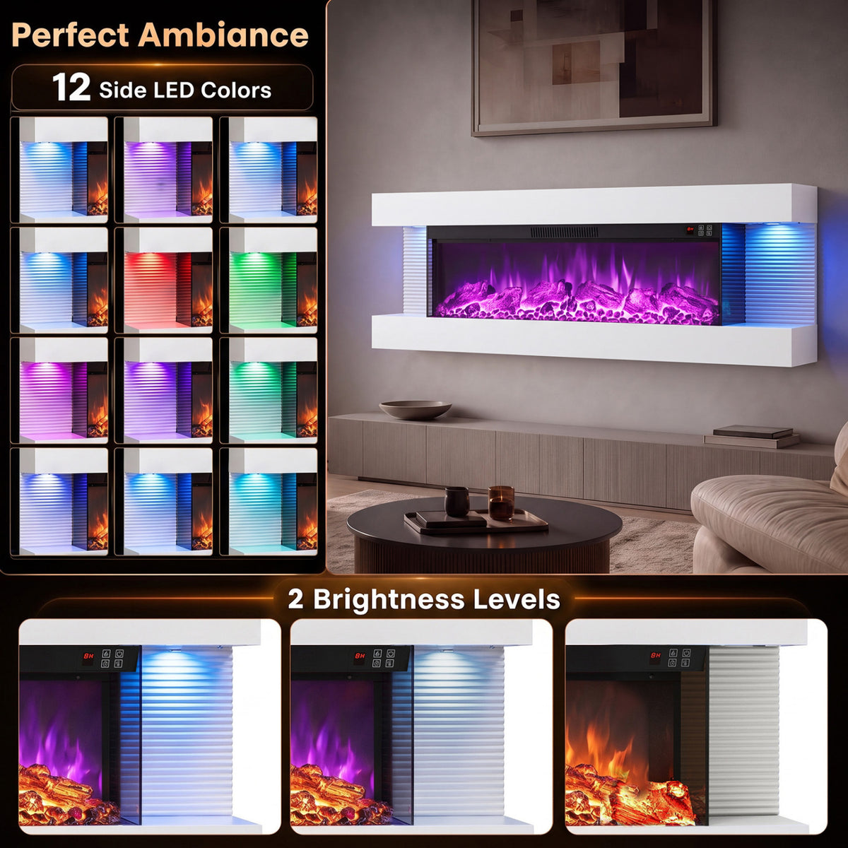 3-Sided  White Wall Mount Electric WiFi Fireplace with Floating Mantel and 12 Flame Ambient Colors-50"