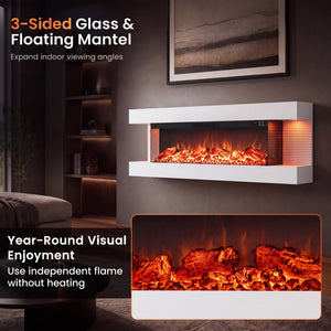 3-Sided  White Wall Mount Electric WiFi Fireplace with Floating Mantel and 12 Flame Ambient Colors-50"