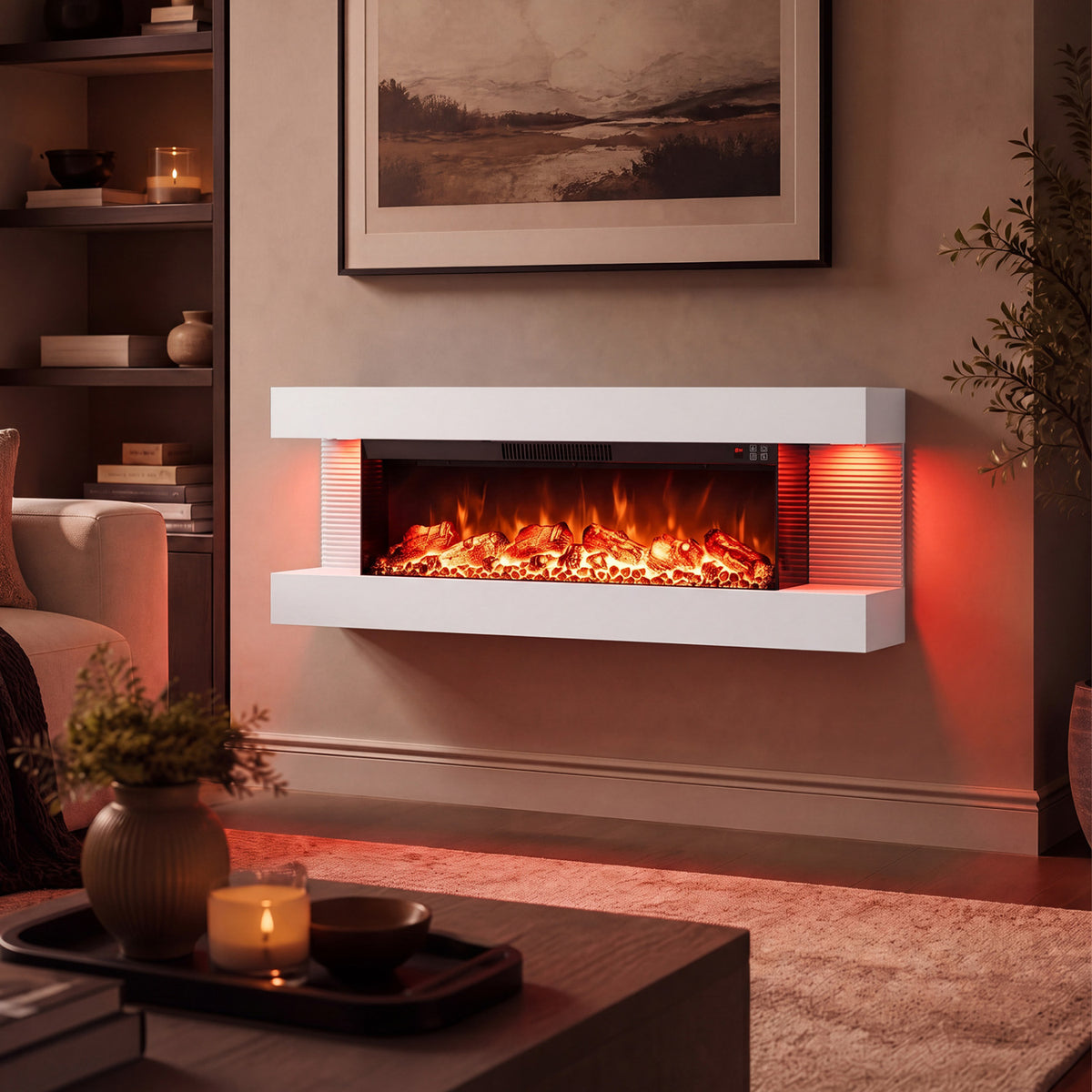 3-Sided  White Wall Mount Electric WiFi Fireplace with Floating Mantel and 12 Flame Ambient Colors-50"