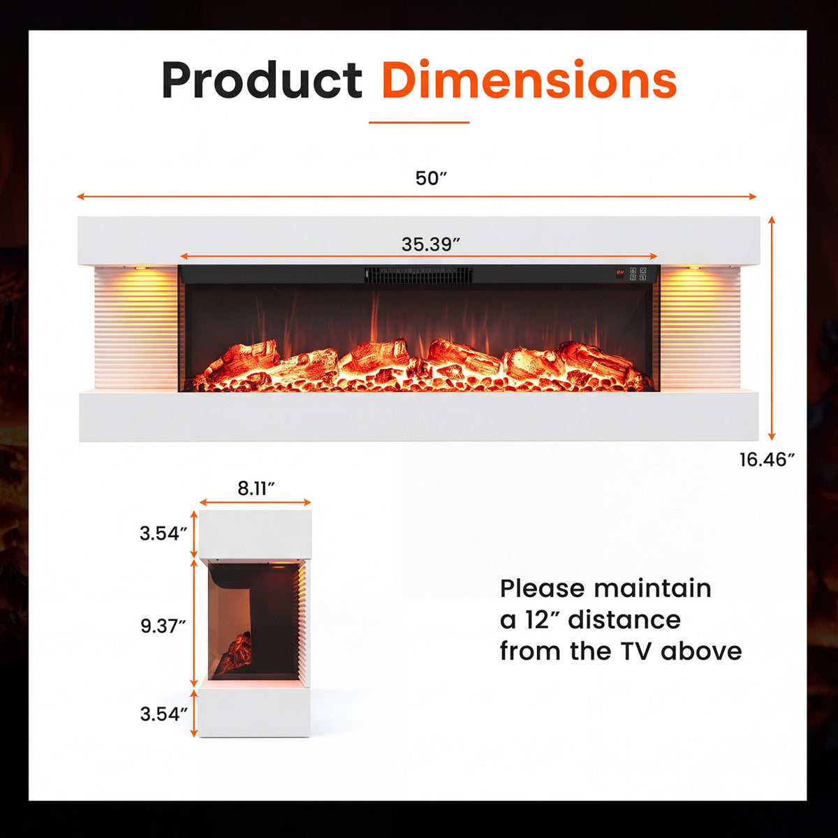 3-Sided  White Wall Mount Electric WiFi Fireplace with Floating Mantel and 12 Flame Ambient Colors-50"