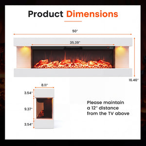 3-Sided  White Wall Mount Electric WiFi Fireplace with Floating Mantel and 12 Flame Ambient Colors-50"