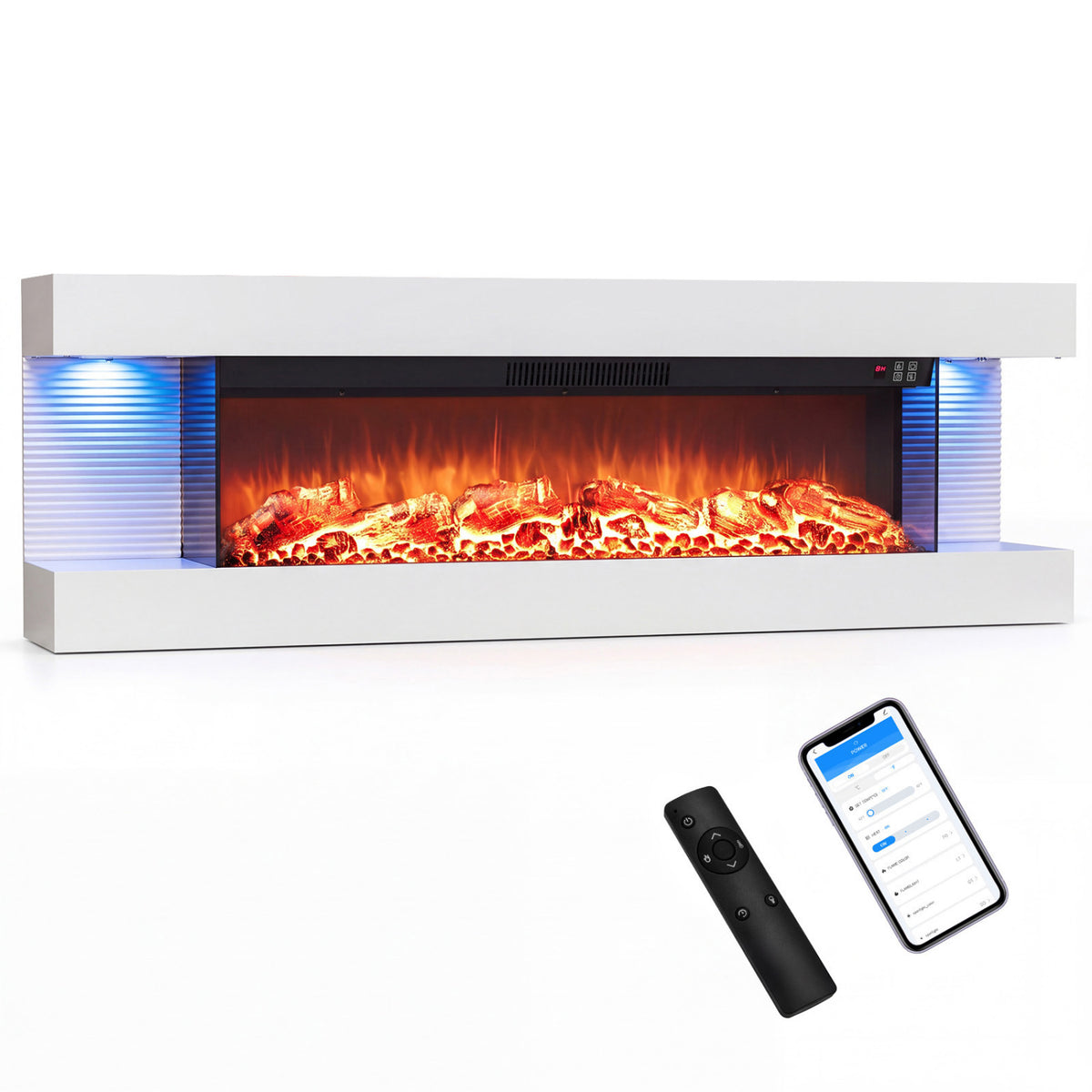 3-Sided  White Wall Mount Electric WiFi Fireplace with Floating Mantel and 12 Flame Ambient Colors-50"