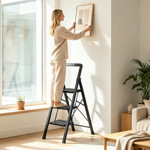 3 Step Black Folding Step Stool with Wide Anti-slip Pedals