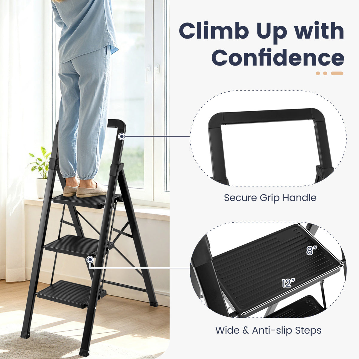 3 Step Black Folding Step Stool with Wide Anti-slip Pedals