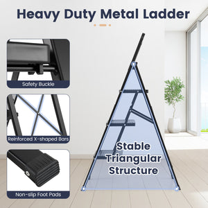 3 Step Black Folding Step Stool with Wide Anti-slip Pedals