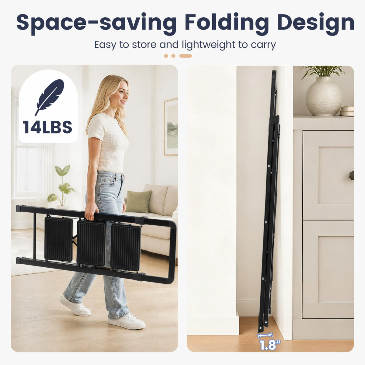 3 Step Black Folding Step Stool with Wide Anti-slip Pedals