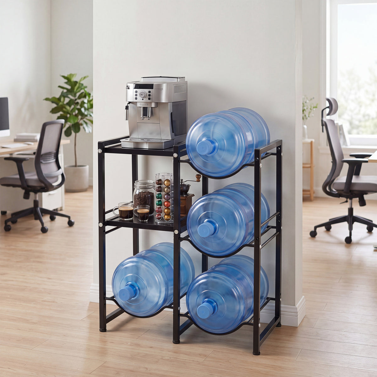 3-Tier 5 Gallon Water Jug Holder with Shelves-Black