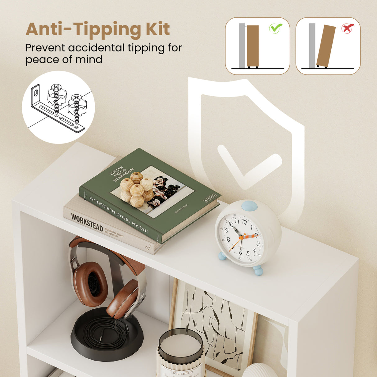 3-Tier Bookcase 42 inch Tall Book Shelf with Anti-Tipping Kit-White