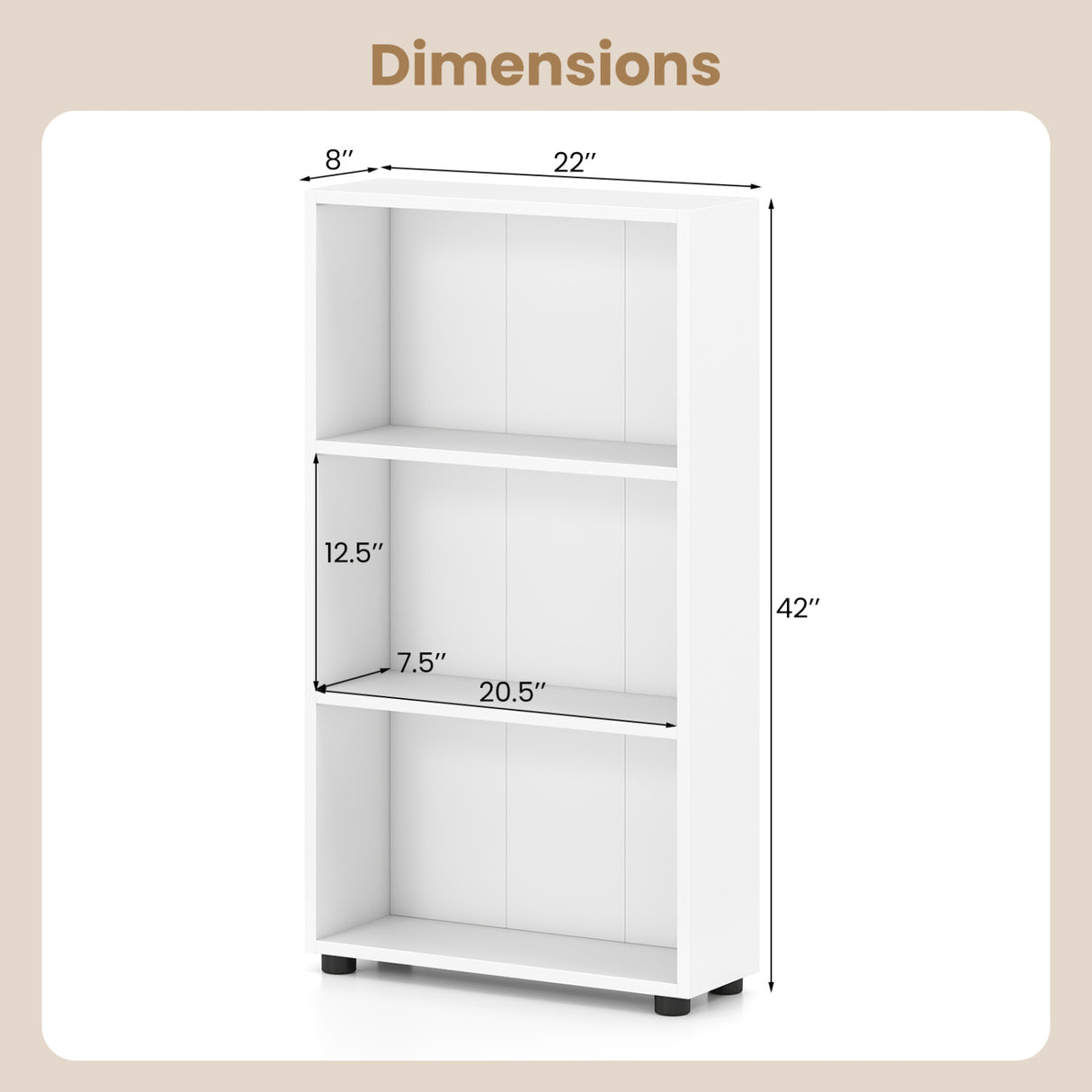 3-Tier Bookcase 42 inch Tall Book Shelf with Anti-Tipping Kit-White