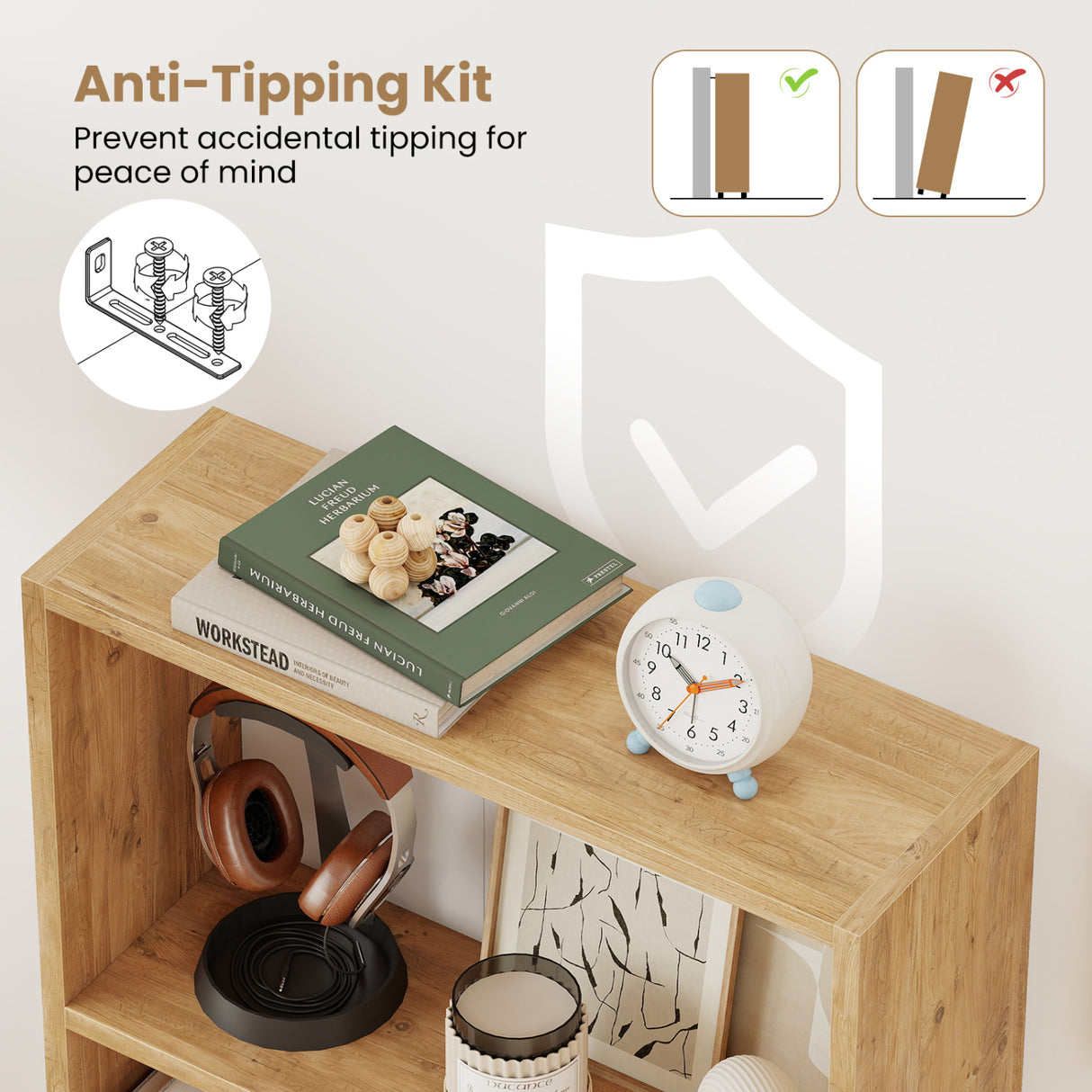 3-Tier Bookcase 42 inch Tall Book Shelf with Anti-Tipping Kit-Brown