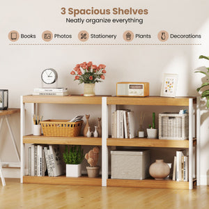 3 Tier Bookshelf Wooden Bookcase with Dual Anti-Tipping Kits-Natural