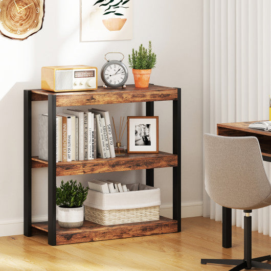 3 Tier Bookshelf Wooden Bookcase with Dual Anti-Tipping Kits-Rustic Brown