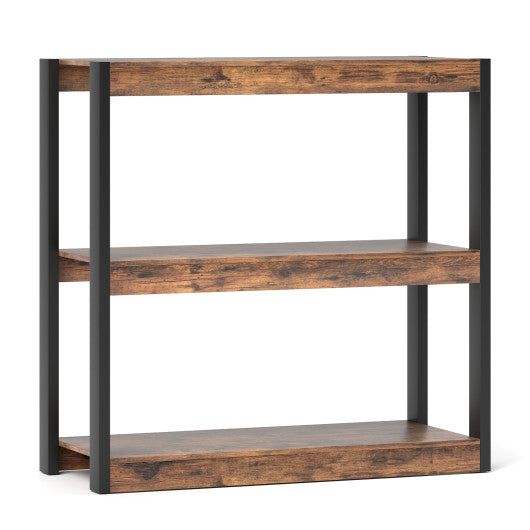 3 Tier Bookshelf Wooden Bookcase with Dual Anti-Tipping Kits-Rustic Brown