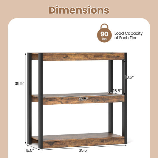 3 Tier Bookshelf Wooden Bookcase with Dual Anti-Tipping Kits-Rustic Brown