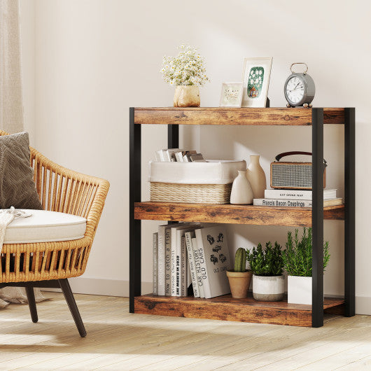 3 Tier Bookshelf Wooden Bookcase with Dual Anti-Tipping Kits-Rustic Brown