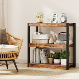 3 Tier Bookshelf Wooden Bookcase with Dual Anti-Tipping Kits-Rustic Brown