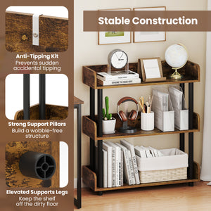 3-Tier Bookshelf with Anti-Tipping Kit and Industrial Storage Unit for Living Room-Rustic Brown