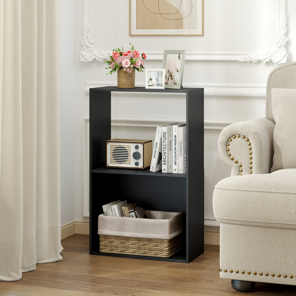 3-Tier Bookshelf with Open Storage Compartment and Freestanding Display Shelf-Black