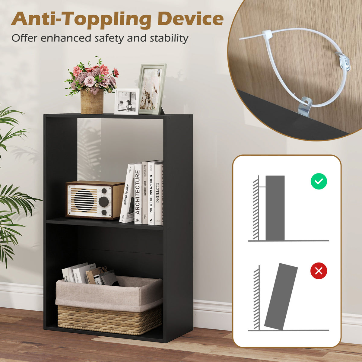 3-Tier Bookshelf with Open Storage Compartment and Freestanding Display Shelf-Black