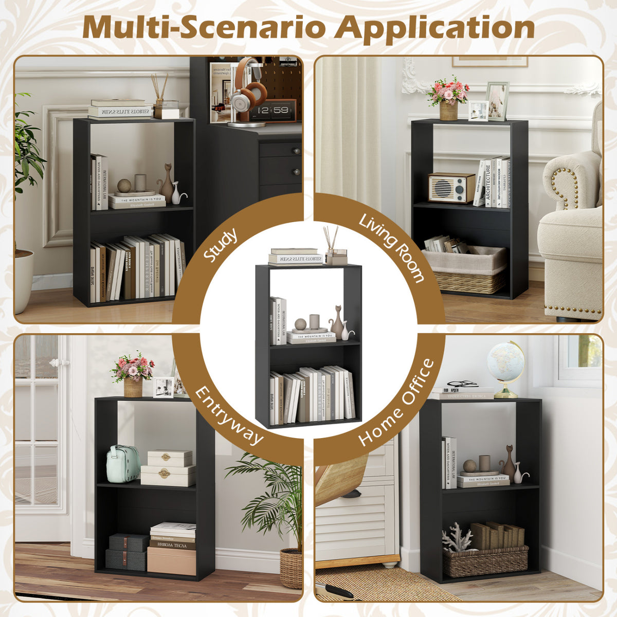 3-Tier Bookshelf with Open Storage Compartment and Freestanding Display Shelf-Black