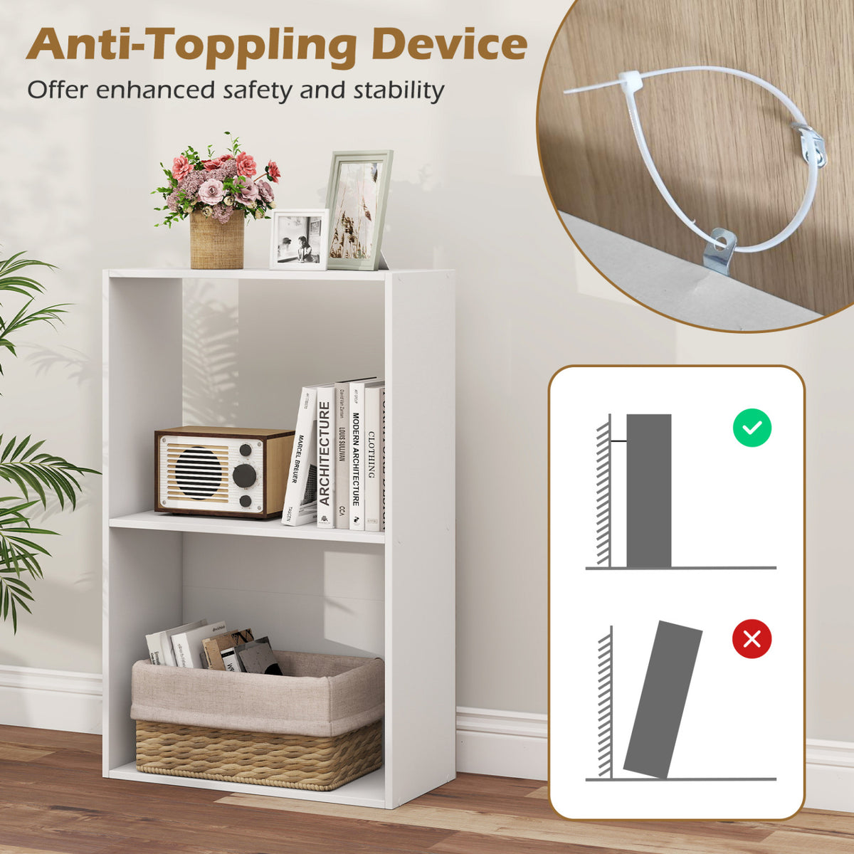 3-Tier Bookshelf with Open Storage Compartment and Freestanding Display Shelf-White