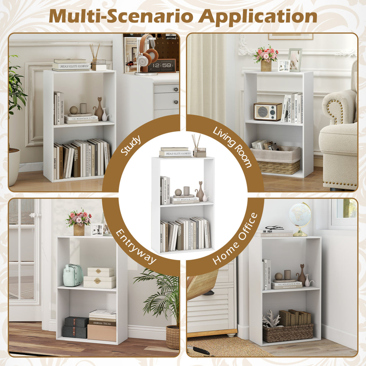 3-Tier Bookshelf with Open Storage Compartment and Freestanding Display Shelf-White
