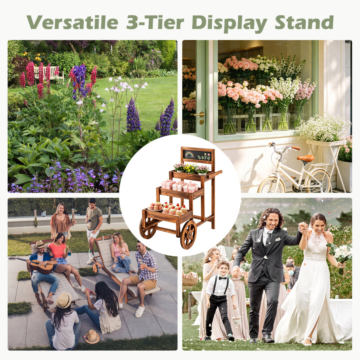 3-Tier Carbonized Fir Wood Plant Display Stand Wooden Dessert Candy Cart-Brown