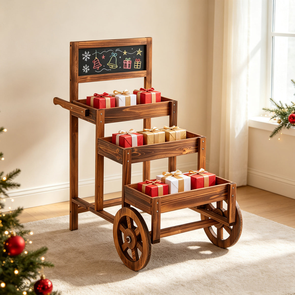 3-Tier Carbonized Fir Wood Plant Display Stand Wooden Dessert Candy Cart-Brown