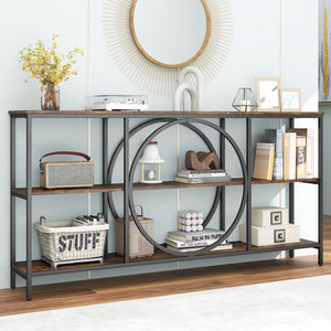 3-Tier Console Table with Faux Marble Top and Storage Shelves for Hallway Living Room-Rustic Brown