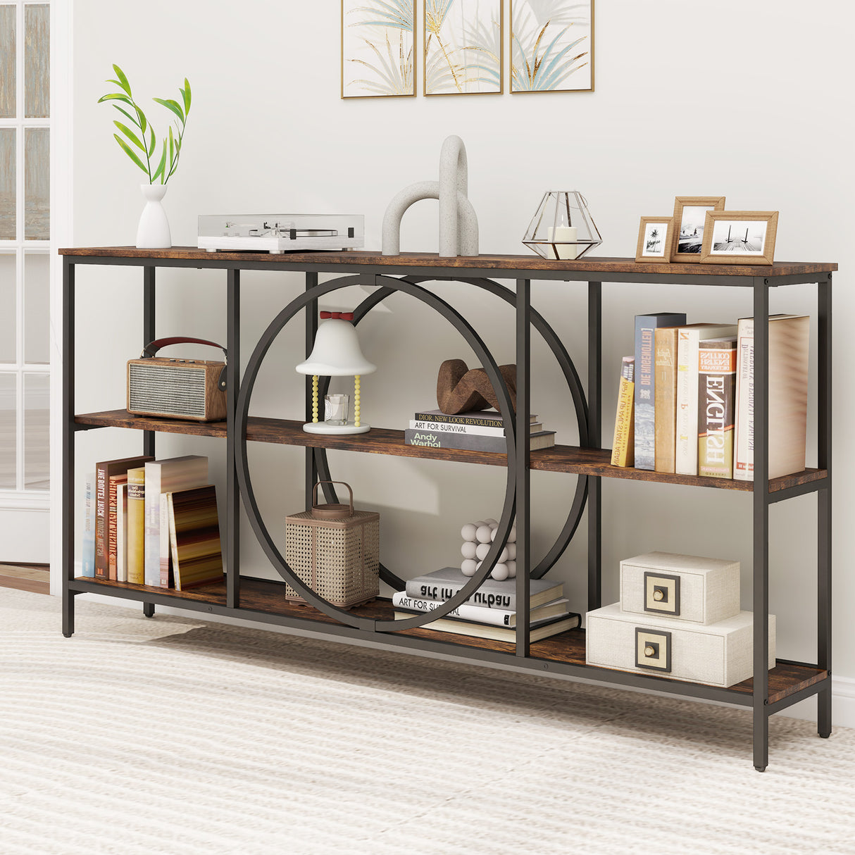 3-Tier Console Table with Faux Marble Top and Storage Shelves for Hallway Living Room-Rustic Brown